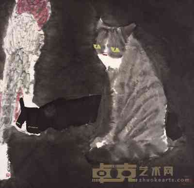 贾平西 2003年作 菊花双猫 镜心 68×68cm